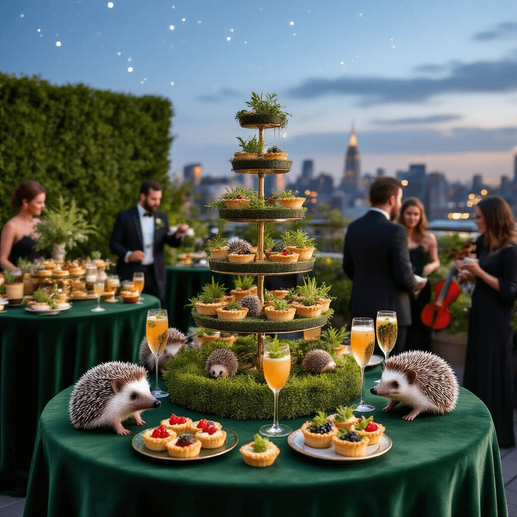 Hedgehog Birthday Party: The Ultimate Guide to Crafting a Magical Celebration A whimsical rooftop terrace cocktail party for woodland hedgehogs, featuring high-top tables with green velvet cloths, terrariums, a champagne tower, hedgehog-shaped canapés, and a string quartet, all under a starlit sky adorned with fairy lights.