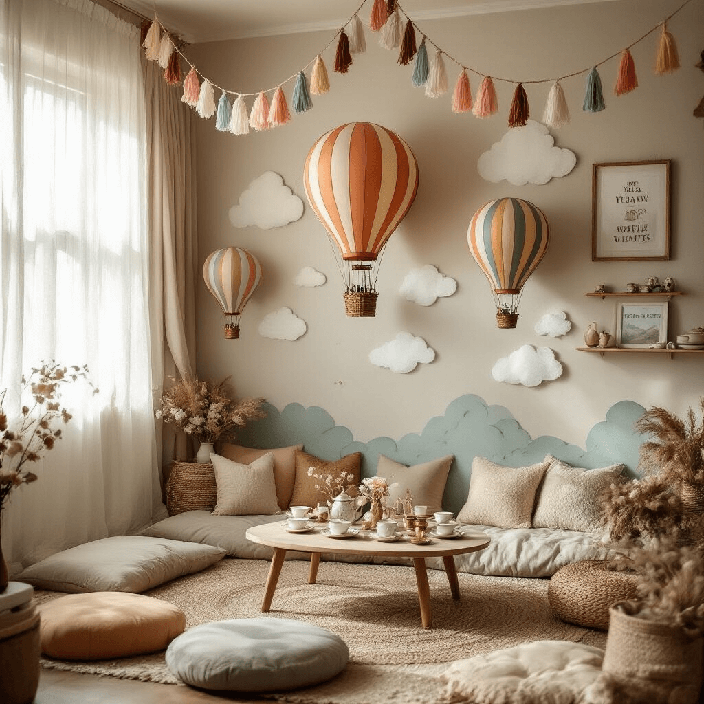 Hot Air Balloon Birthday Party: The Ultimate Guide to Creating a Whimsical Celebration An intimate indoor celebration with a hot air balloon theme, featuring a cozy living room illuminated by soft morning light. The space has a DIY backdrop of hand-painted clouds and muted rainbow paper balloons, a low coffee table with vintage teacups, plush floor cushions, miniature hot air balloon models on floating shelves, and a colorful fabric garland draping from the ceiling. The wide shot captures the whimsical atmosphere.
