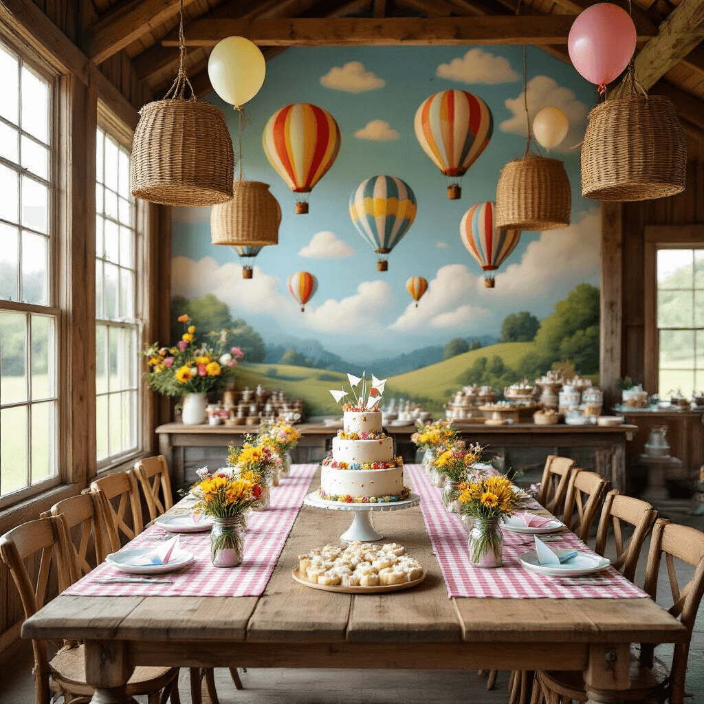 Hot Air Balloon Birthday Party: The Ultimate Guide to Creating a Whimsical Celebration A whimsical rustic barn interior styled for a children's hot air balloon birthday party, featuring sunlight streaming through large windows, a mural of hot air balloons, farmhouse tables with gingham runners and wildflower centerpieces, a dessert station with a hot air balloon cake, and hanging wicker baskets filled with balloons, all captured with a tilt-shift lens for a miniature effect.