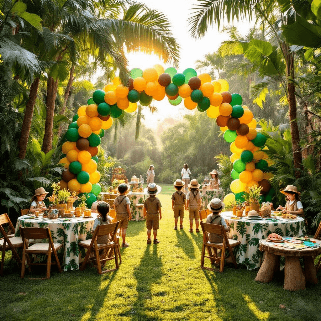 A vibrant jungle-themed birthday party in a spacious backyard, featuring DIY paper palm trees, a grand balloon arch, round tables with leaf-patterned fabric and toy animal centerpieces, a treasure hunt station with a hand-painted map, and children in safari outfits crafting animal masks.