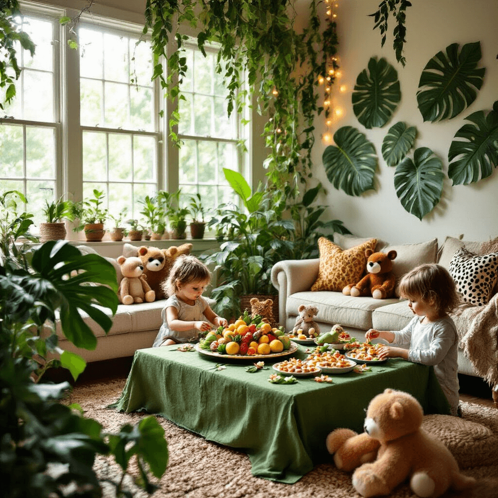 A cozy living room transformed into a vibrant indoor jungle party, featuring oversized tropical leaf cutouts, animal print accents, and a 'watering hole' coffee table with a fruit platter surrounded by stuffed toys. Soft afternoon light streams through large windows, while vines and fairy lights create a magical canopy above. In the foreground, a child's hands are decorating leaf-shaped cupcakes at a low table covered in green fabric, captured from a low angle to emphasize the child's perspective.