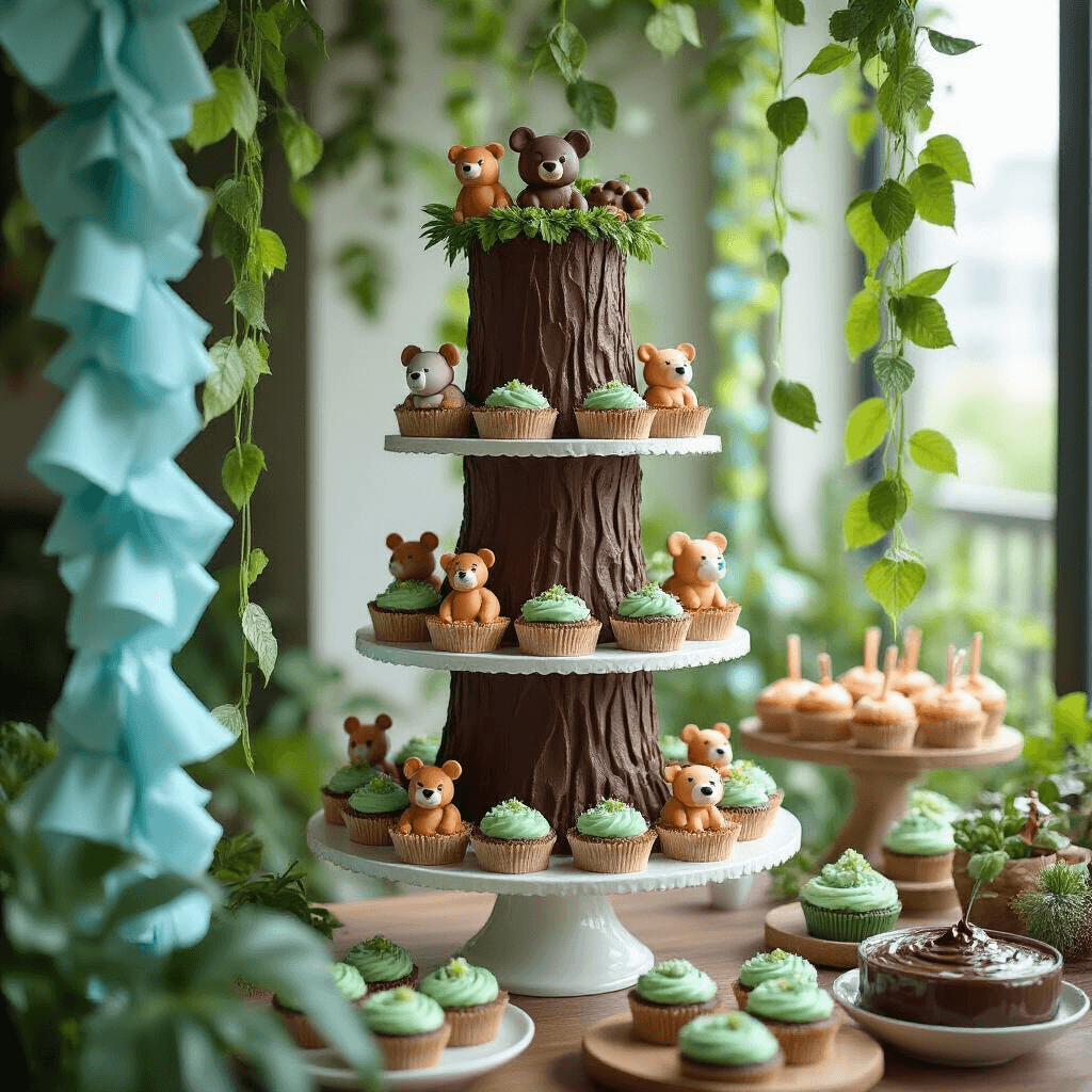 A whimsical dessert display featuring a towering chocolate tree trunk cake on a tiered stand, surrounded by animal-shaped cookies and leafy green cupcakes, with green balloon vines cascading from the ceiling and a blue tissue paper waterfall leading to a chocolate pudding station, shot in natural light.