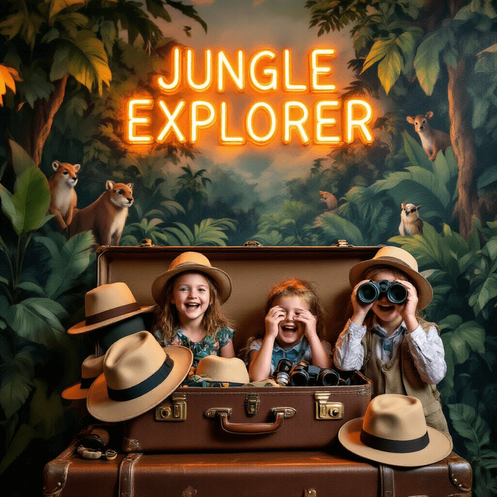 A vibrant photo booth corner featuring a lush jungle mural, overflowing vintage suitcase with safari hats and binoculars, and a neon 'Jungle Explorer' sign, capturing laughing children trying on outfits and one peering through cardboard binoculars in a warm, inviting atmosphere.