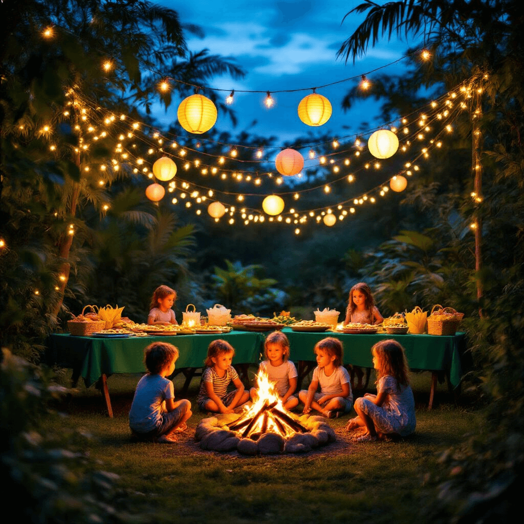 A magical nighttime jungle party with children gathered around an LED 'campfire' for storytelling, surrounded by warm fairy lights and paper lanterns above, featuring tables with emerald green linens filled with festive treats against a deep blue twilight sky.