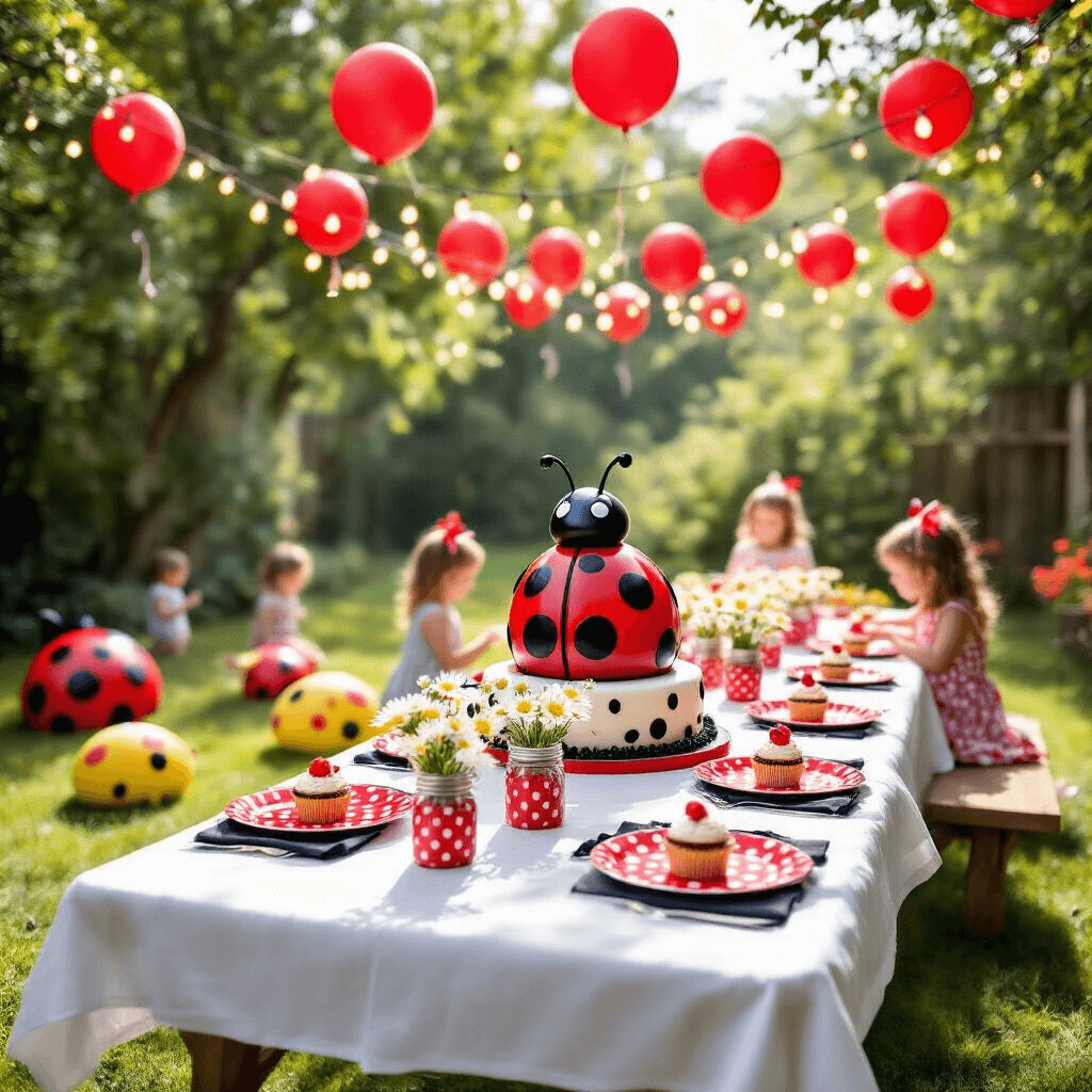 A whimsical ladybug-themed birthday party in a sun-drenched backyard, featuring a picnic table with red polka dot plates and black napkins, mason jars with daisies, a tiered ladybug cake, and children playing with oversized foam ladybugs and flower cutouts, all under strings of fairy lights and red balloons in warm golden hour light.
