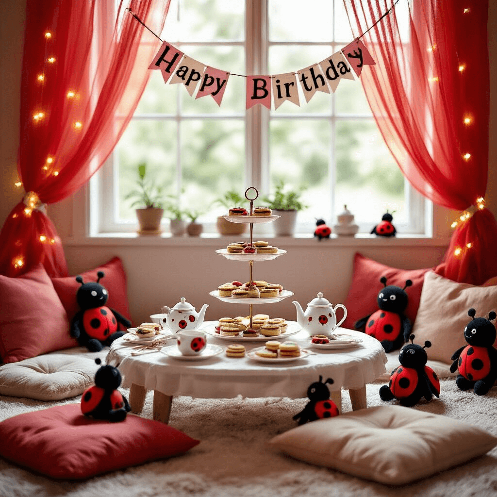 An intimate indoor birthday tea party for a child, featuring a low table with a ladybug-themed tea set, leaf-shaped finger sandwiches, and ladybug-decorated cookies, surrounded by plush cushions and soft string lights, with a handmade 'Happy Birthday' banner and stuffed ladybug toys, all bathed in warm natural light.