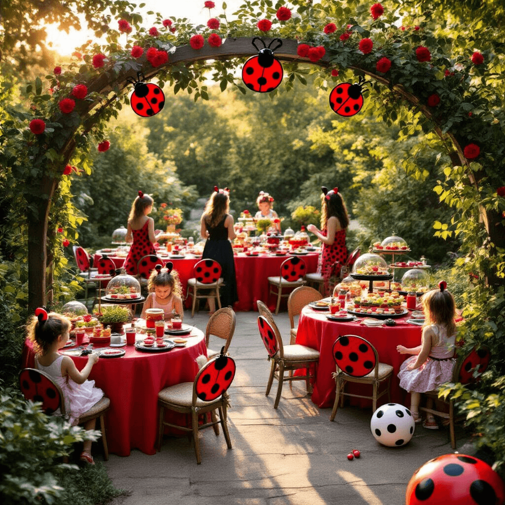 A ladybug-themed garden party at golden hour featuring guests entering through a floral arbor, round tables in red and black polka dots, terrariums with plants and ceramic ladybugs, a dessert cart with red and black treats, and children playing lawn games, all bathed in warm golden light.