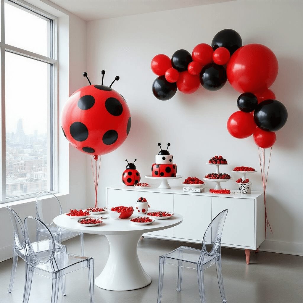 A chic birthday celebration in a minimalist apartment featuring red and black balloon installations, a stylish buffet table with geometric serving dishes, an abstract ladybug spot cake, and children creating art surrounded by natural light.
