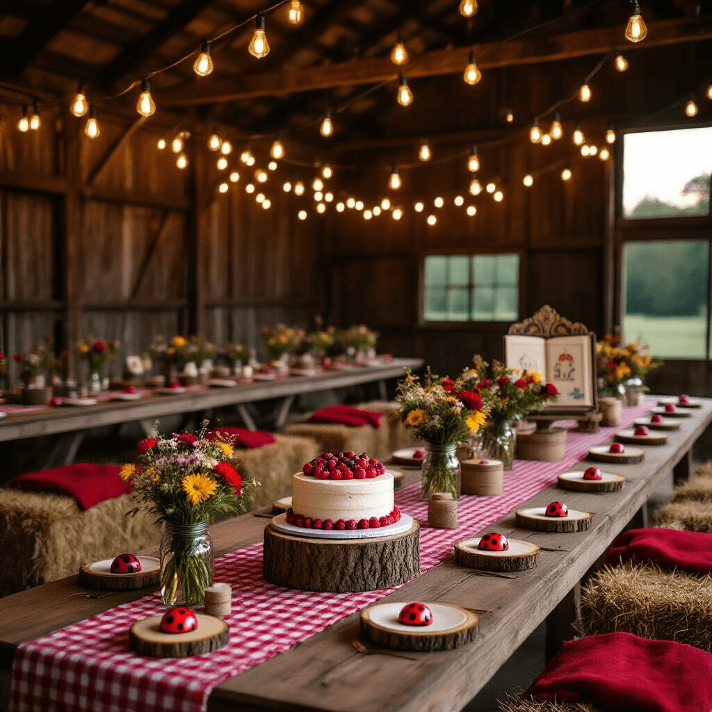 A cozy barn decorated for a ladybug-themed birthday party at twilight, featuring Edison bulb lighting, long wooden tables with red gingham runners, wildflower mason jars, and a dessert table with a naked cake and ladybug macarons, surrounded by hay bales and a vintage storybook display.