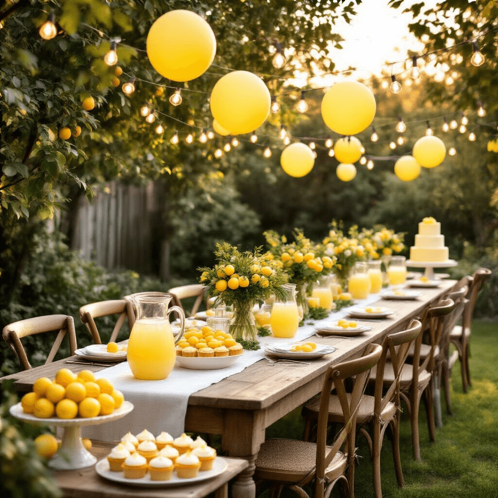Squeeze the Day: The Ultimate Lemon Birthday Party Guide A sun-drenched backyard garden party featuring a long wooden table with a white linen runner, surrounded by vintage chairs, adorned with clusters of fresh lemons, greenery, and tall pitchers of lemonade, all under a canopy of warm fairy lights. A dessert cart brimming with lemon tarts, cupcakes, and a three-tier ombré cake adds to the whimsical atmosphere, enhanced by pastel yellow balloons swaying in the breeze.