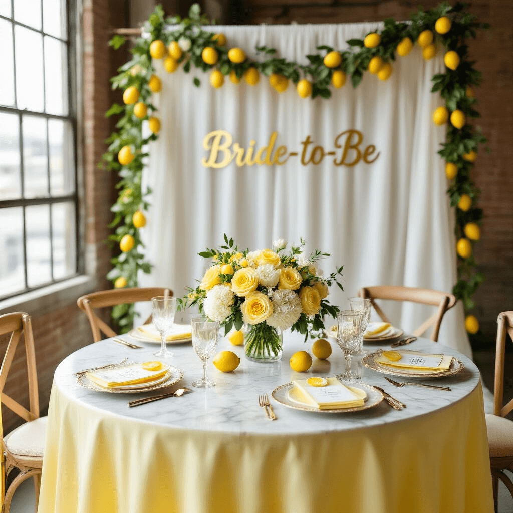 Squeeze the Day: The Ultimate Lemon Birthday Party Guide An inviting indoor bridal shower scene featuring a round marble table with a pale yellow silk tablecloth and a floral centerpiece of yellow roses, white hydrangeas, and lemon slices in a clear vase, set with gold-rimmed plates and crystal glassware. A backdrop of sheer white curtains is decorated with a DIY lemon garland and 'bride-to-be' lettering, illuminated by soft natural light from large windows.
