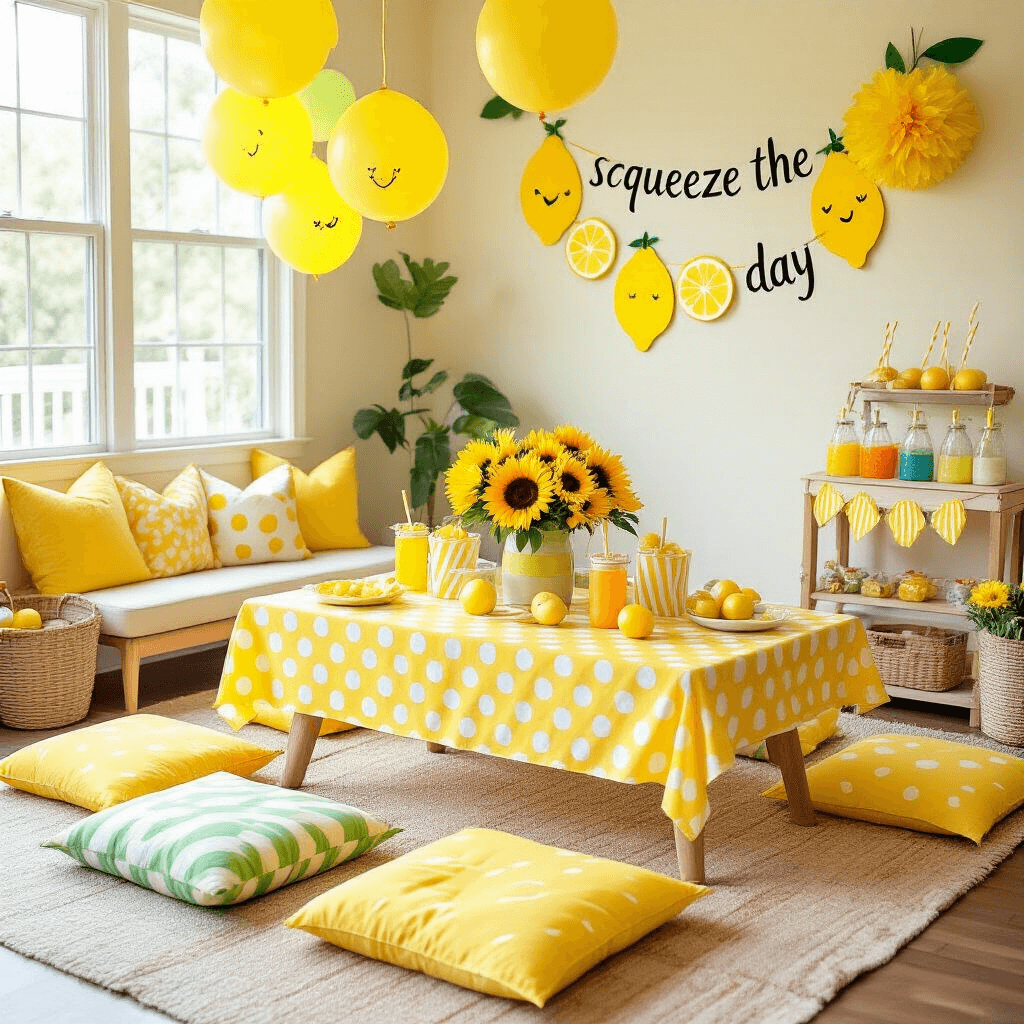 Squeeze the Day: The Ultimate Lemon Birthday Party Guide A cozy living room set up for a vibrant children's lemon-themed birthday party, featuring a low table with colorful cushions, a yellow polka dot tablecloth, oversized paper lemons, and sunflowers. Yellow balloons with lemon faces float above a DIY lemonade stand with striped straws. A hand-painted 'squeeze the day' banner and clusters of yellow and green tissue paper pom-poms decorate the wall.