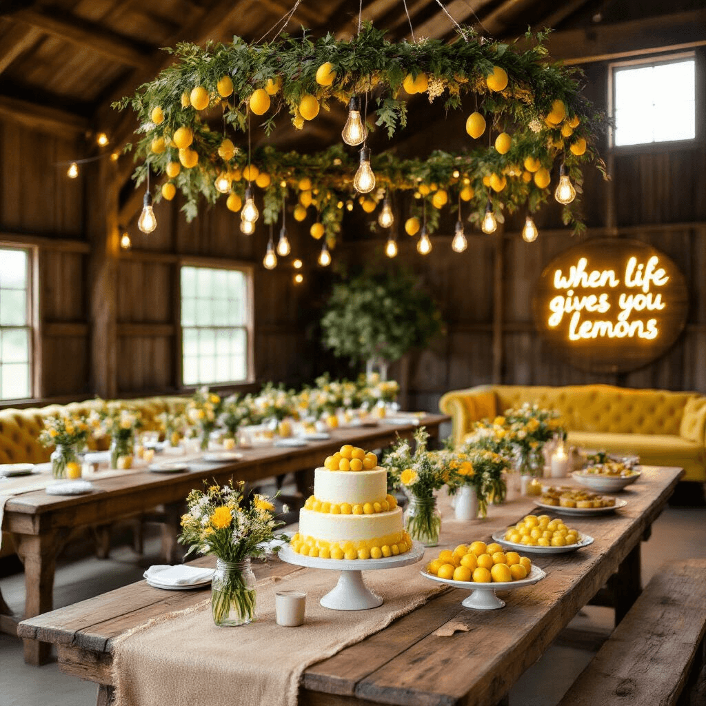 Squeeze the Day: The Ultimate Lemon Birthday Party Guide A rustic-chic lemon-themed wedding reception in a converted barn, featuring long wooden tables with burlap runners, mason jars with wildflowers and lemon slices, wooden hoops wrapped in greenery and fairy lights, a dessert table with a naked lemon cake and citrus treats, and a cozy lounge area with lemon-yellow sofas and a neon sign.