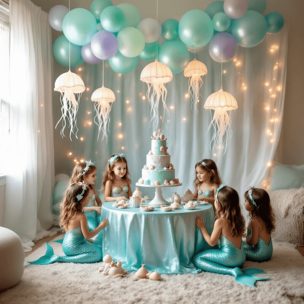 A whimsical mermaid-themed birthday party in a sunlit living room with iridescent pastel balloon garlands, a shimmery aqua tablecloth, a tiered cake decorated with fondant seashells, handmade jellyfish lanterns, and children in mermaid tail costumes gathered around a treasure hunt on the carpet, all enhanced by twinkling fairy lights behind sheer curtains.