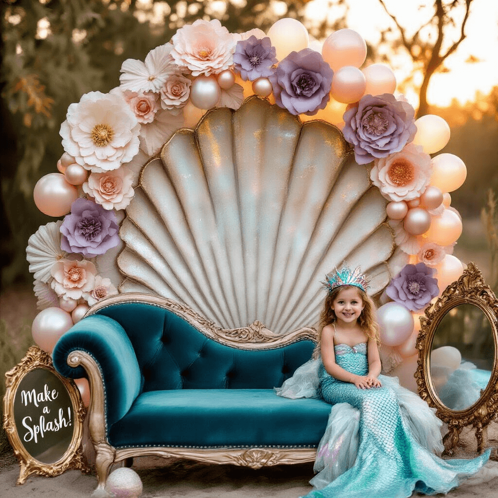 A whimsical mermaid-themed photo booth corner at golden hour, featuring a seashell and driftwood backdrop with metallic highlights, a teal velvet chaise lounge draped with a mermaid tail blanket, oversized paper flowers, and a vintage gold mirror with 'Make a Splash!' calligraphy, while a smiling child wears a glittery mermaid crown.