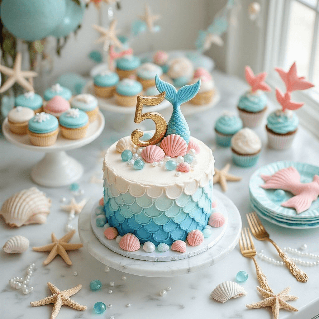 An overhead view of a mermaid-themed dessert table on a white marble countertop, featuring seashell-shaped macarons, blue ombré cupcakes with coral toppers, and mermaid tail cake pops. A two-tier birthday cake with fondant scales and a golden '5' topper is centrally placed, surrounded by scattered seaglass, real starfish, and faux pearls. Pastel paper plates and gold cutlery complement the arrangement, illuminated by natural light.