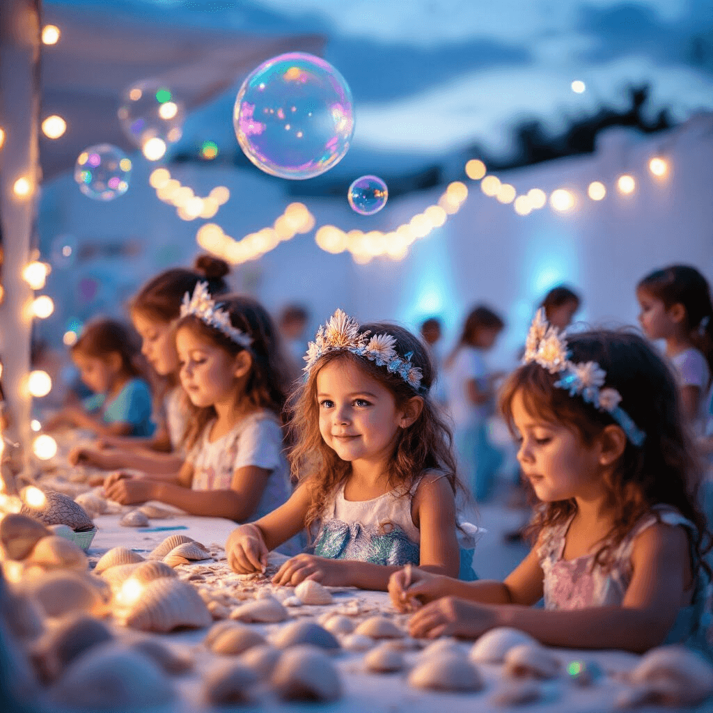 Children create mermaid crowns at a craft station illuminated by soft fairy lights, with a bubble machine in the background and a face-painting area nearby, all set in a magical dusk atmosphere.