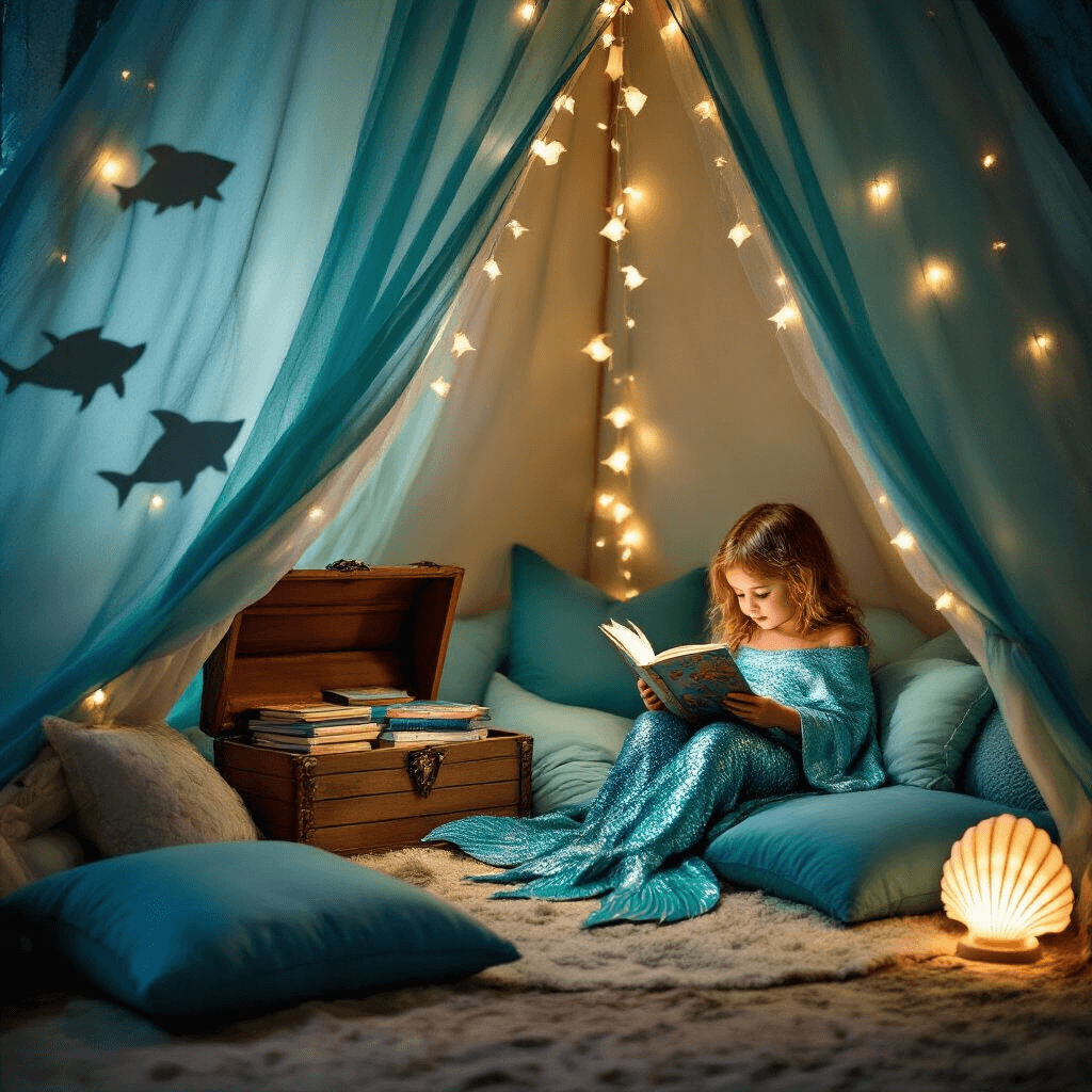 An enchanting nighttime scene of a mermaid party's cozy reading nook inside a teepee-style tent, decorated with twinkling lights and aqua fabric. Plush cushions in shades of blue and green surround a treasure chest overflowing with mermaid storybooks, while a child wrapped in a sequined mermaid blanket reads under a seashell lamp's soft glow. Shadows of paper fish dance on the tent walls from a nearby projector.