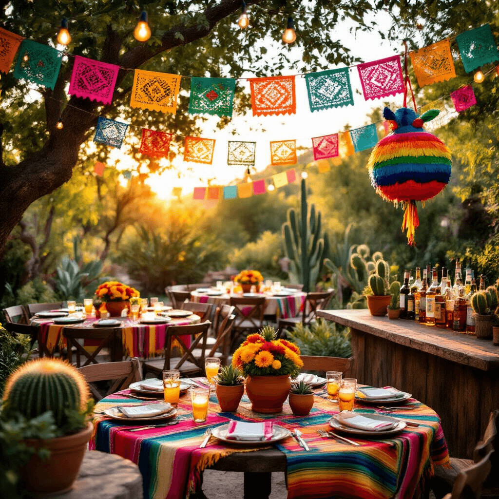 How to Throw an Epic Mexican Fiesta Birthday Party: A Vibrant Celebration Guide A vibrant outdoor Mexican fiesta in a lush garden at golden hour, featuring round tables with colorful serape runners, terracotta centerpieces of marigolds and succulents, papel picado banners fluttering overhead, a piñata hanging from a tree, and a rustic wooden bar with tequilas and fresh fruit for margaritas, all illuminated by soft string lights.