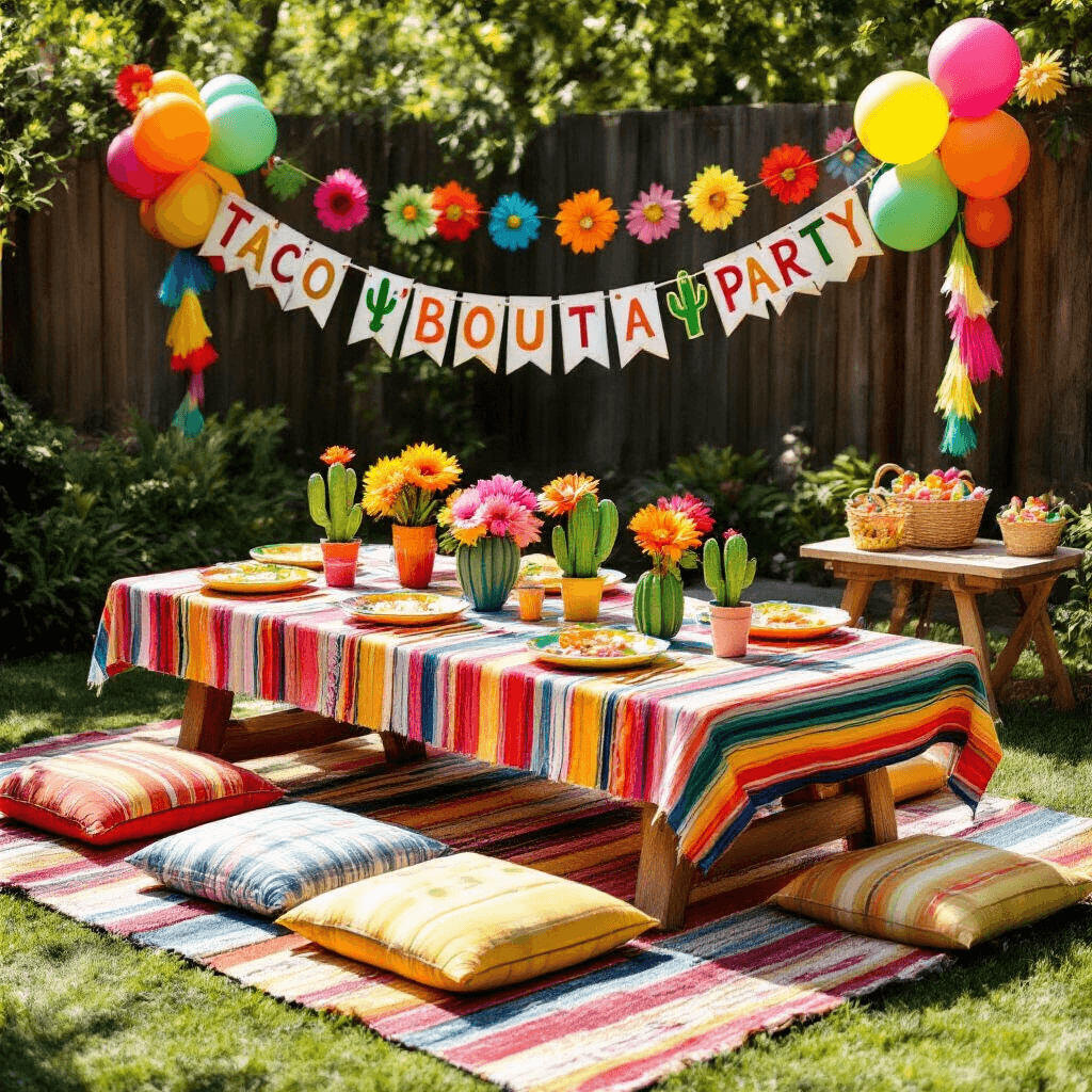 How to Throw an Epic Mexican Fiesta Birthday Party: A Vibrant Celebration Guide A vibrant backyard scene for a kids' Mexican fiesta birthday, featuring a picnic-style low table adorned with a striped tablecloth, colorful floor cushions, paper flower centerpieces, and cactus-shaped plates. A festive 'Taco 'Bout a Party' banner hangs on a decorated fence, with balloon garlands in bright colors. Nearby, a piñata station with blindfolds and treats is set up, all captured in natural light to highlight the playful details.