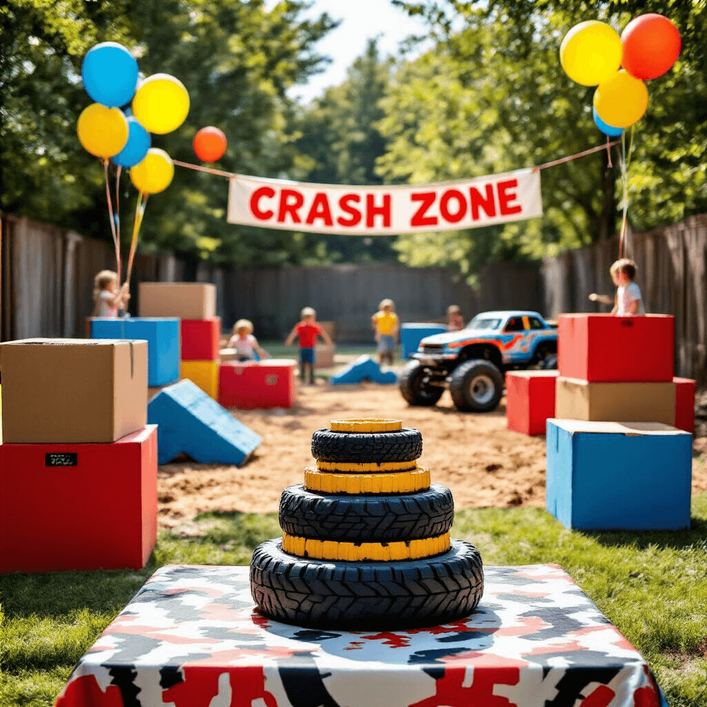 Monster Truck Birthday Bash: The Ultimate Party Guide for Tire-Loving Tiny Racers A sunlit backyard turned into a miniature monster truck arena with vibrant cardboard obstacles, yellow balloons, and a 'crash zone' banner, featuring a foreground table with a three-tiered cake resembling truck tires and excited children playing.