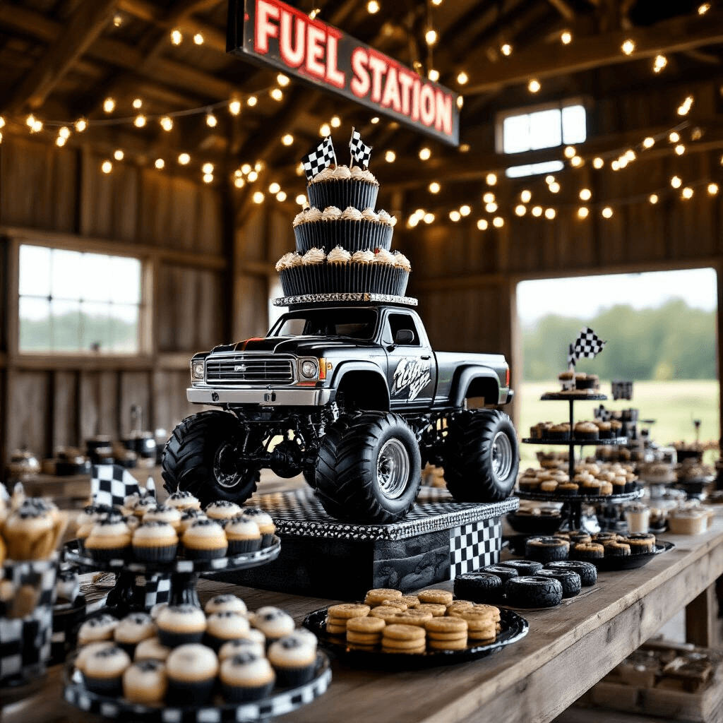 Monster Truck Birthday Bash: The Ultimate Party Guide for Tire-Loving Tiny Racers Close-up of a rustic barn dessert table featuring a towering monster truck cupcake display, surrounded by themed treats, with black and chrome accents, fairy lights, and a 'Fuel Station' sign.