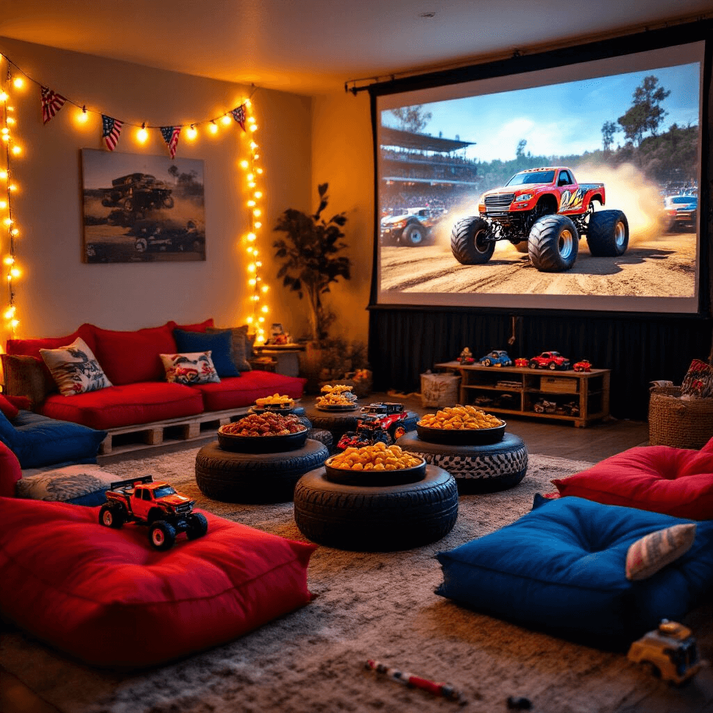 Monster Truck Birthday Bash: The Ultimate Party Guide for Tire-Loving Tiny Racers A cozy living room set up for a monster truck viewing party, featuring a large projector screen with monster truck action, warm string lights, snack tables with tire-shaped bowls, oversized floor cushions in red and blue, and toy trucks and racing flags as decor.