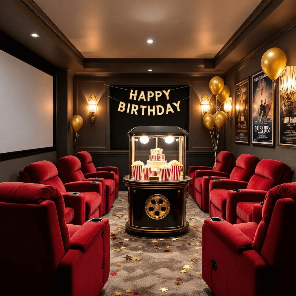 A luxurious home theater set up for a movie-themed birthday party, featuring plush red velvet recliners in a semicircle, a large projector screen, warm lighting, a popcorn bar with brass accents, movie posters, a 'Happy Birthday' banner, golden balloons, star-shaped confetti, and a film reel-shaped birthday cake on a rotating stand.