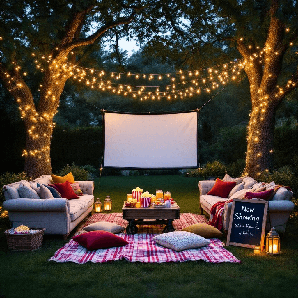 An outdoor nighttime cinema in a lush backyard with fairy lights overhead, mismatched vintage sofas, and picnic blankets. A white sheet serves as a movie screen between two oak trees. A rustic wooden cart filled with popcorn, candy, and drinks in mason jars acts as a snack station, while lanterns with flickering candles line the pathways. A chalkboard sign announces the feature film, surrounded by cozy throw pillows and blankets in jewel tones.
