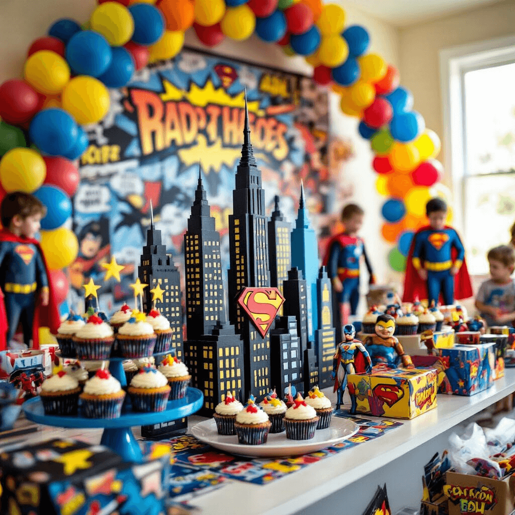 A whimsical kids' superhero party features a dessert table designed like a city skyline with skyscraper-shaped cake stands holding superhero logo cupcakes. A comic book page backdrop adds a dynamic feel, while colorful balloon arches frame the scene. Cardboard cutouts of popular heroes are present, and blurred kids in capes and masks engage in games in the background. Wrapped gifts topped with action figures complete the festive atmosphere, dominated by bright primary colors.
