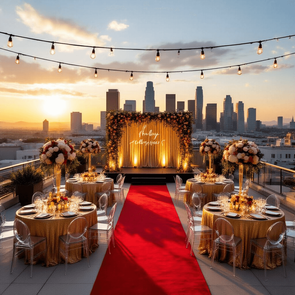 Elegant rooftop terrace for a Hollywood glam birthday soirée, featuring round tables with gold linens, tall floral arrangements, ghost chairs, a red carpet with a photo backdrop, champagne towers, a stage for live music, art deco decorations, and a twinkling city skyline at sunset.