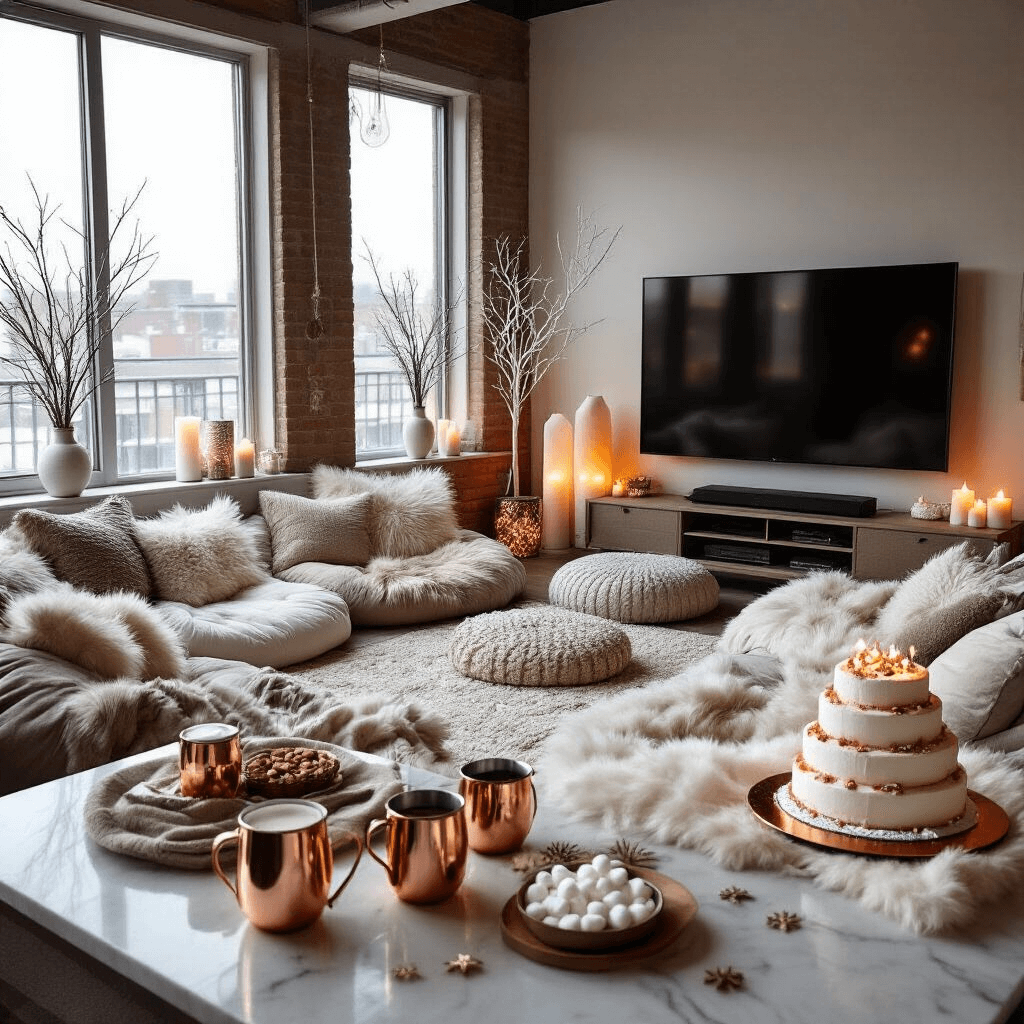 A cozy winter movie marathon setup in a modern loft, featuring oversized floor pillows, faux fur throws, and a hot chocolate bar with copper mugs, surrounded by soft lighting from salt lamps and candles, with minimal winter decor and a birthday cake designed as stacked film reels.