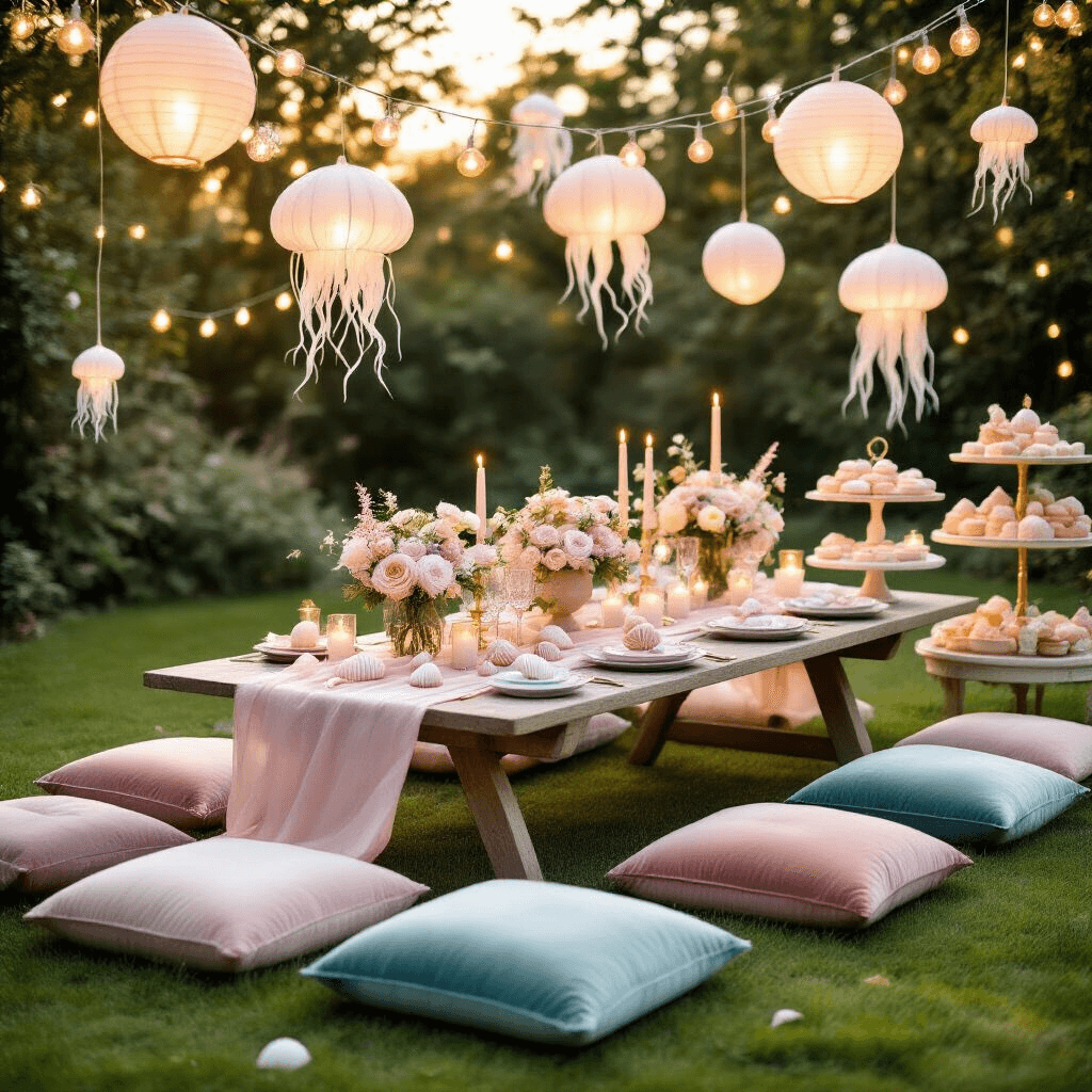 Magical Narwhal Birthday Party: A Whimsical Under-the-Sea Celebration Guide An enchanting garden party at golden hour, featuring a low picnic table adorned with a pale pink linen runner, seashells, and crystals, surrounded by plush cushions. Ethereal centerpieces of pastel flowers and floating candles are highlighted under fairy lights and jellyfish-shaped lanterns, with a dessert cart nearby showcasing ocean-inspired treats.