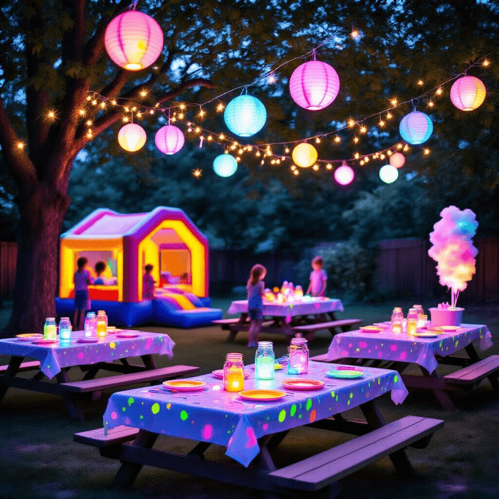 Neon Birthday Party: The Ultimate Guide to Creating an Electrifying Celebration A whimsical backyard birthday party for children at twilight, featuring a canopy of trees adorned with fairy lights and neon lanterns, low picnic tables with neon-splattered tablecloths, glowing Mason jar centerpieces, a lit bounce house, a UV-reactive face-painting station, and a spinning cotton candy machine, all captured from a slight overhead angle to showcase the playful layout and enchanting atmosphere.