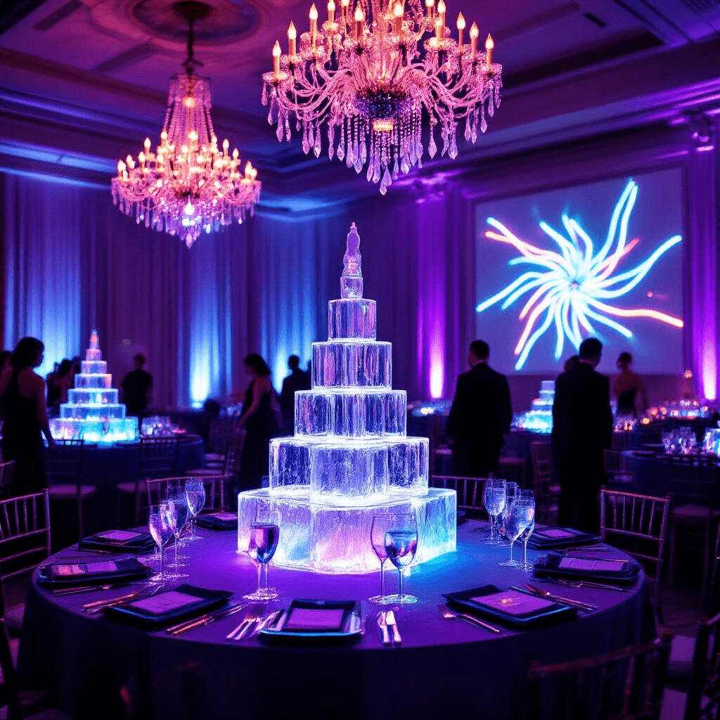 Neon Birthday Party: The Ultimate Guide to Creating an Electrifying Celebration An elegant ballroom transformed for a neon-themed birthday gala, featuring color-changing crystal chandeliers, ombré table linens, neon-lit ice sculptures, a glowing champagne tower, and guests in black-tie attire with subtle neon accents.