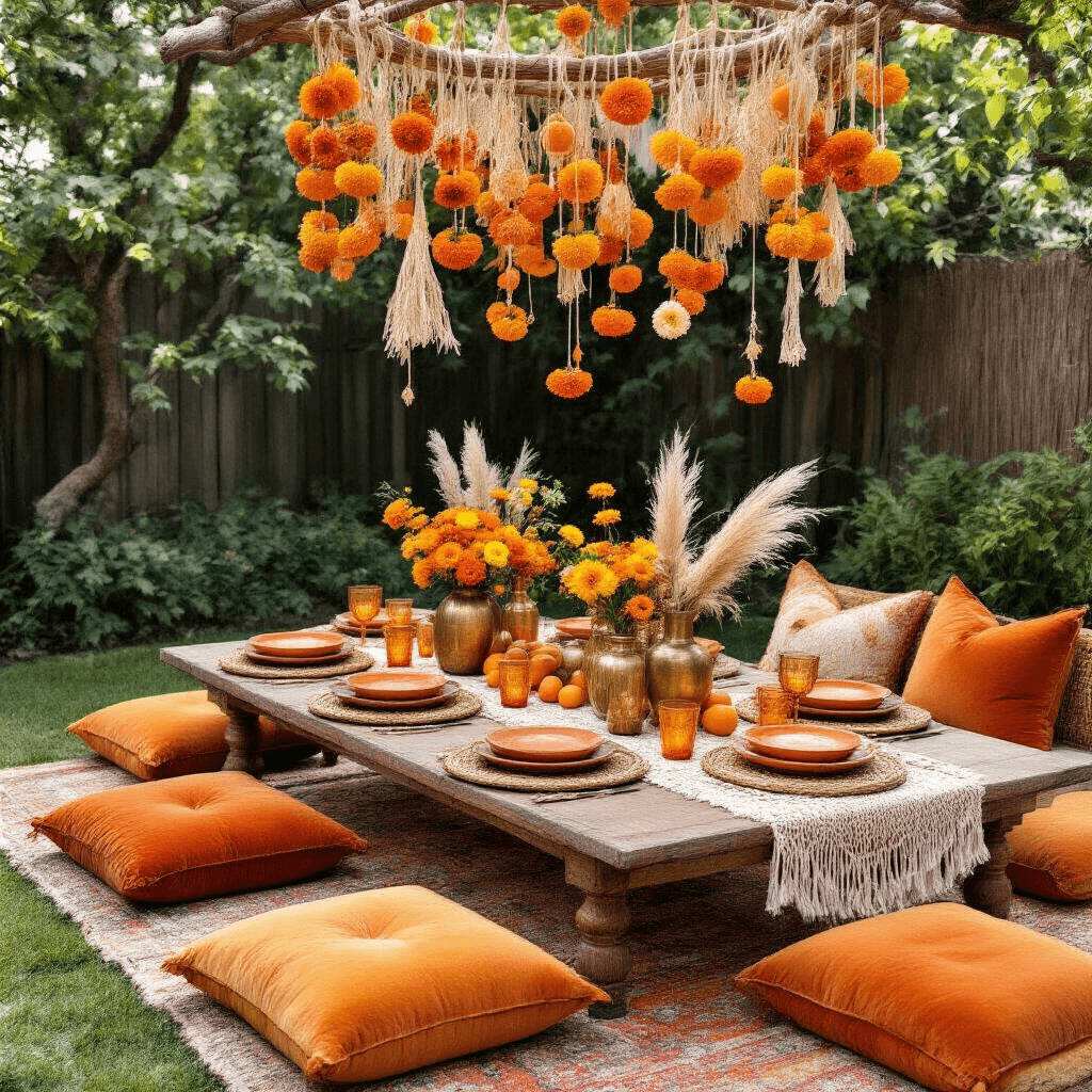 Orange Birthday Party: A Vibrant Celebration of Color and Joy A cozy backyard gathering featuring a low table with a macramé runner, terracotta earthenware plates, and brass vases filled with vibrant flowers, surrounded by plush amber velvet cushions. Overhead, an installation of dried orange slices, cinnamon sticks, and paper flowers filters soft morning light.