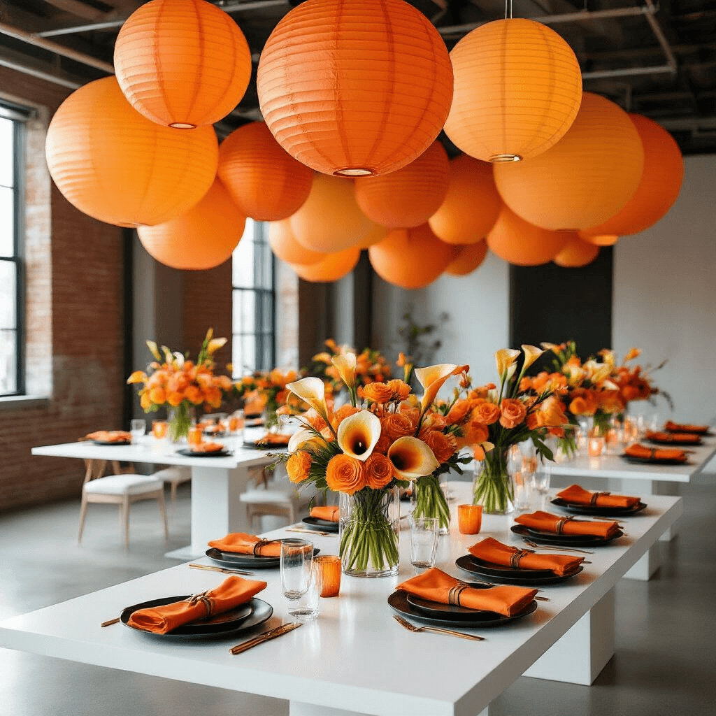 Orange Birthday Party: A Vibrant Celebration of Color and Joy A chic, minimalist modern loft space decorated for an orange-themed celebration, featuring geometric white tables with monochromatic orange flower centerpieces in clear glass cylinders, black plate settings with gold flatware, and suspended paper lanterns in gradient orange tones, all bathed in soft ambient lighting.