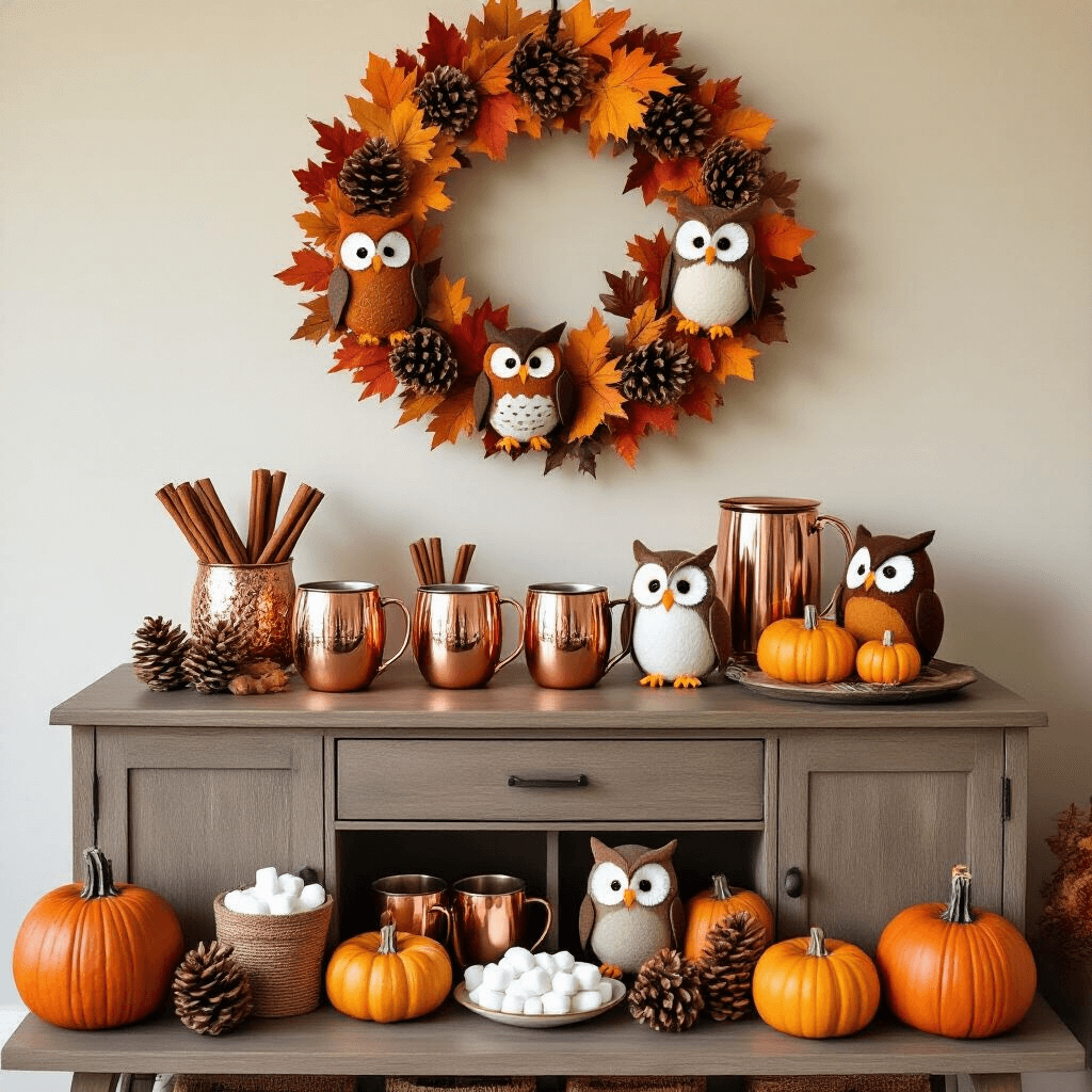 A cozy autumn owl party vignette in a stylish apartment, featuring a hot chocolate bar with copper mugs and cinnamon sticks, a DIY felt owl wreath, and assorted pumpkins in muted fall colors, all illuminated by natural light.