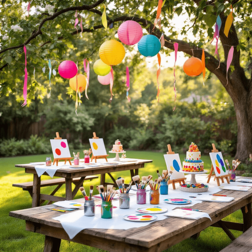 Unleash Creativity: The Ultimate Guide to Hosting a Memorable Paint Birthday Party A whimsical backyard paint party with rustic wooden tables, colorful lanterns, and vibrant acrylic paints on easels, all bathed in soft golden hour light.