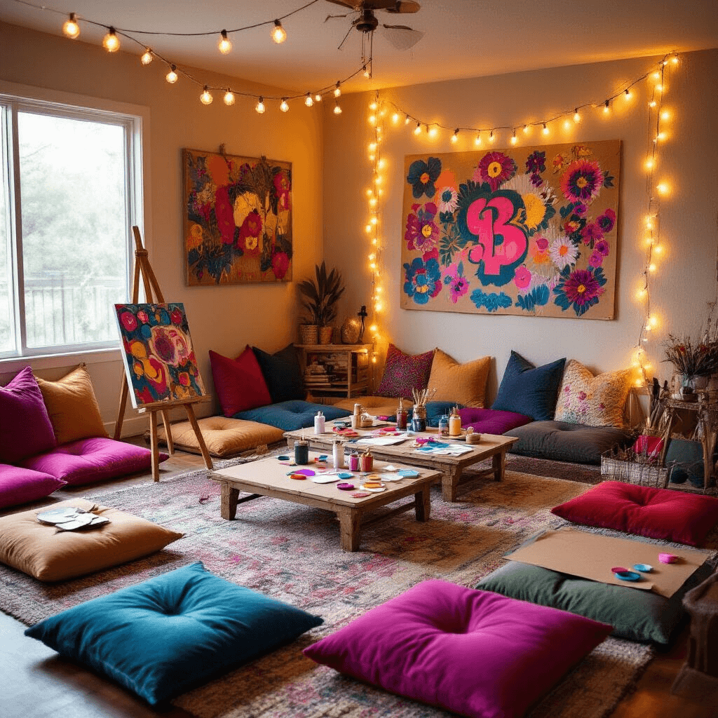 Unleash Creativity: The Ultimate Guide to Hosting a Memorable Paint Birthday Party A cozy living room set up for a teen paint party, featuring plush jewel-toned floor cushions, low tables with kraft paper, and warm string lights. Each art station has a miniature easel, metallic and neon paints, and unconventional tools. A DIY photo booth is in one corner with a hand-painted backdrop, and a gallery wall showcases the birthday teen's artwork, all captured in moody low light.