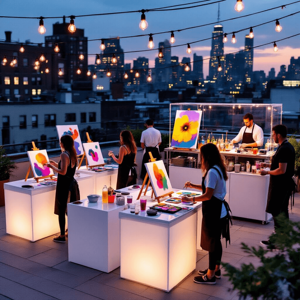 Unleash Creativity: The Ultimate Guide to Hosting a Memorable Paint Birthday Party A chic rooftop terrace transformed into a twilight paint party with sleek high-top tables, stylish acrylic easels, guests in black aprons painting with metallic and jewel-toned paints, a mixologist serving flower-garnished cocktails, city lights in the background, Edison bulbs overhead, and a DJ spinning mellow electronic tunes.