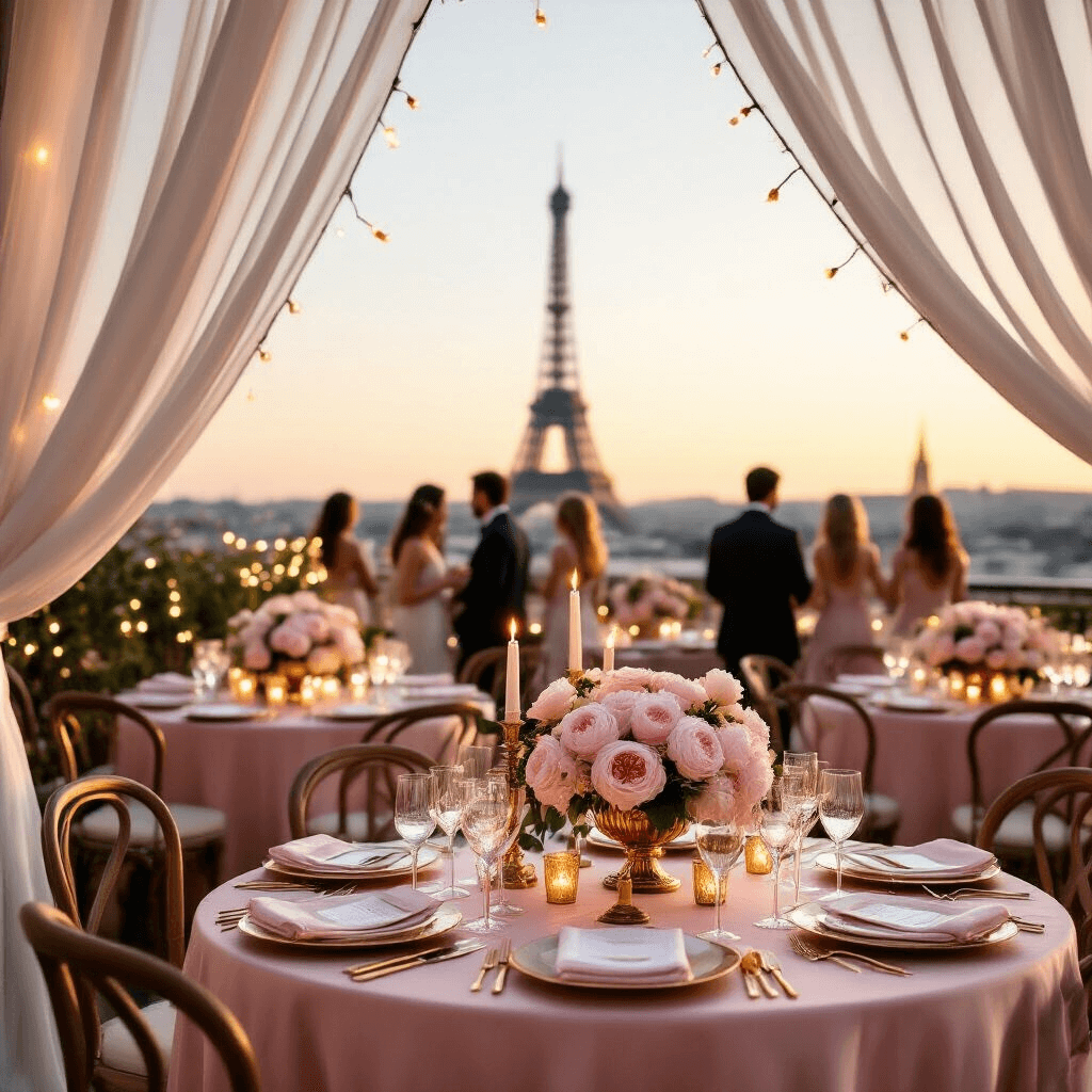 A romantic Parisian rooftop terrace at golden hour, featuring fairy lights, blush pink silk table linens, gold candelabras, and floral centerpieces, with guests in elegant attire and the Eiffel Tower silhouette in the background.