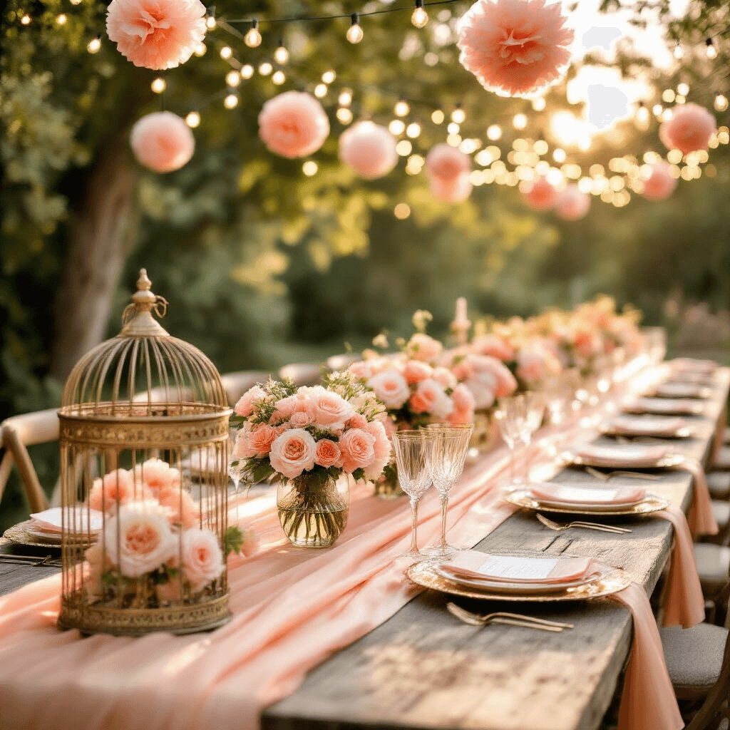 A sunlit garden party table with a peach silk runner, floral centerpieces in vintage vases, gold-rimmed place settings, and crystal flutes, adorned with fairy lights and pom-poms, with a birdcage filled with roses in the foreground.
