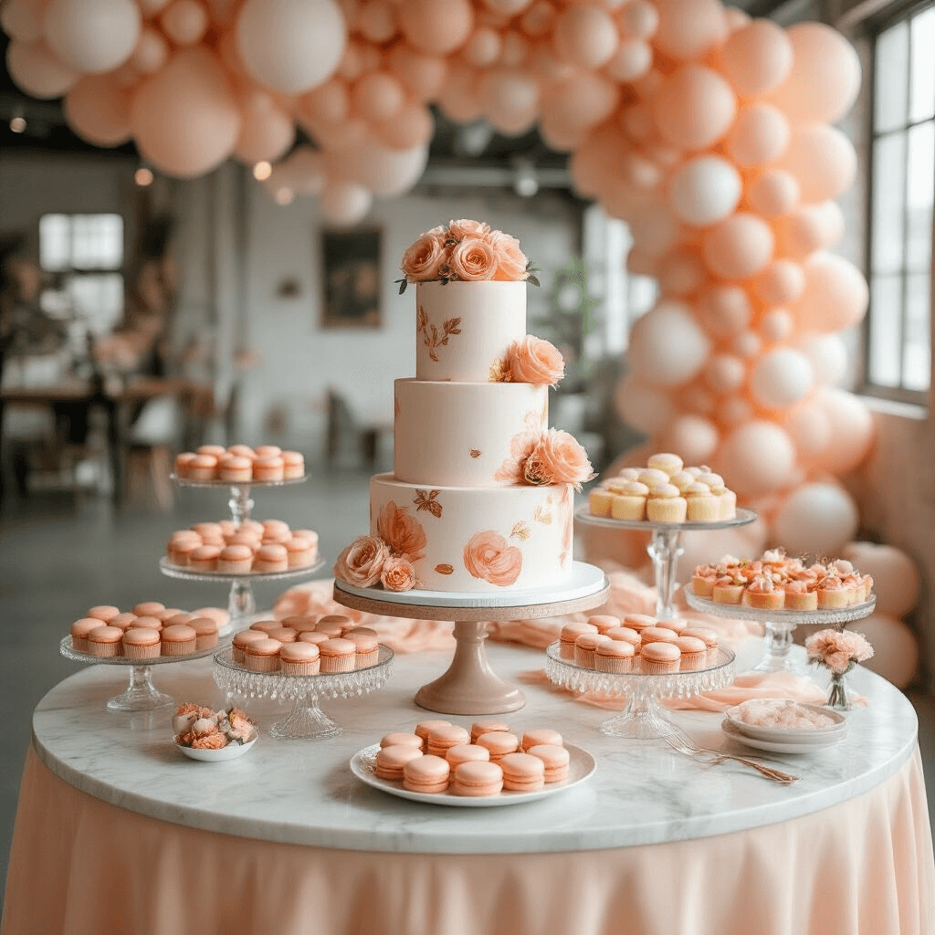 An elegant indoor celebration in a bright loft featuring a round marble-top table covered in a sheer peach tablecloth, showcasing a stunning tiered cake with hand-painted peach designs and gold leaf accents, surrounded by peach macarons, blush cupcakes, and crystal cake stands with various desserts, with cascading blush and white balloons forming a whimsical backdrop, captured from a slightly elevated angle.