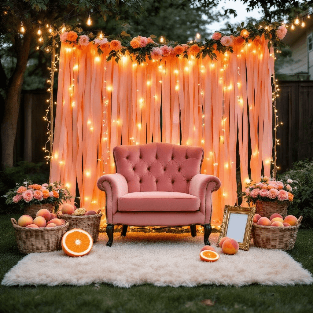A cozy backyard at dusk, adorned with warm string lights. A DIY photo booth features a peach streamer backdrop with fairy lights, and a vintage peachy-pink velvet armchair sits on a cream shag rug. Baskets of peach-themed props, including flower crowns and oversized peach slices, are arranged beside the chair, creating a magical ambiance.