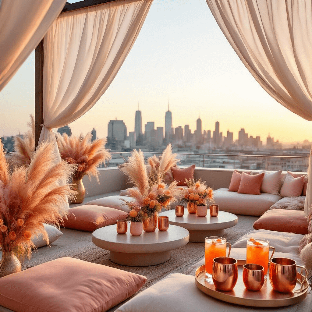 A chic rooftop terrace party at sunset with low tables and plush floor cushions in peach and blush tones, featuring peach-tinted pampas grass centerpieces. Gauzy white curtains frame the city skyline, and a bar cart displays peach-infused cocktails in copper mugs garnished with peach slices and sage.