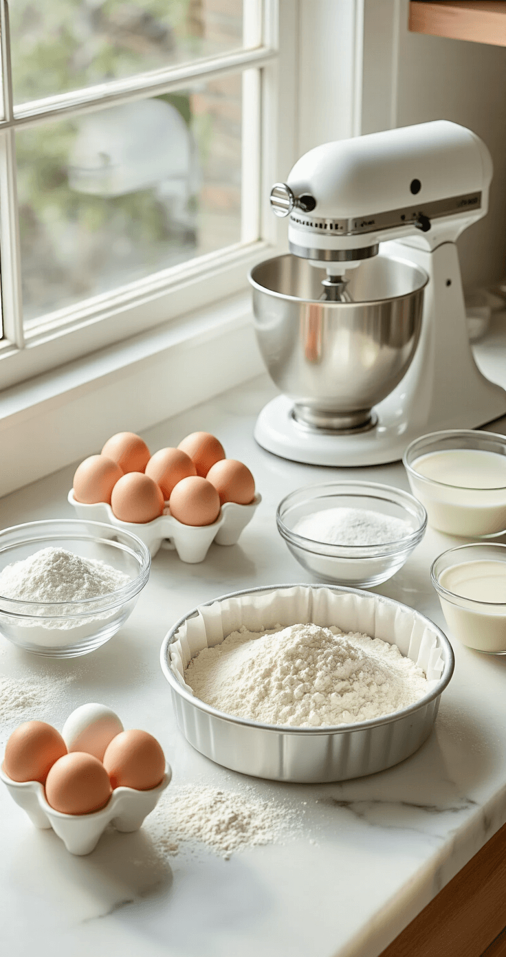 Professional kitchen scene with a marble countertop showcasing ingredients for a Korean cloud cake, including eggs, flour, sugar, milk, and oil, alongside a ready cake pan and gleaming stand mixer, all illuminated by soft natural light.
