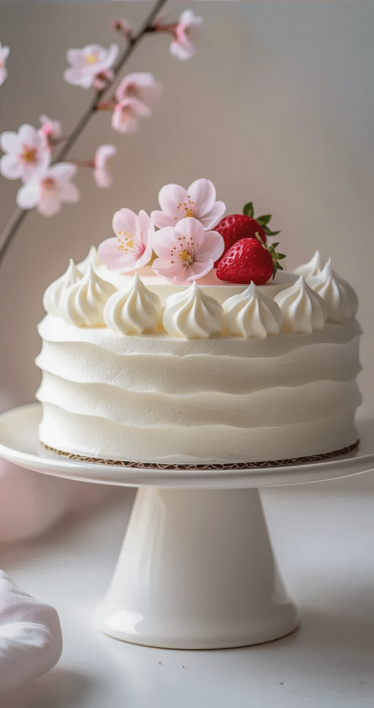 Close-up of an ethereal Korean cloud cake on a white ceramic stand, featuring smooth white whipped cream frosting, delicate pink cherry blossoms, and a fresh strawberry, all set against a softly blurred pastel background.