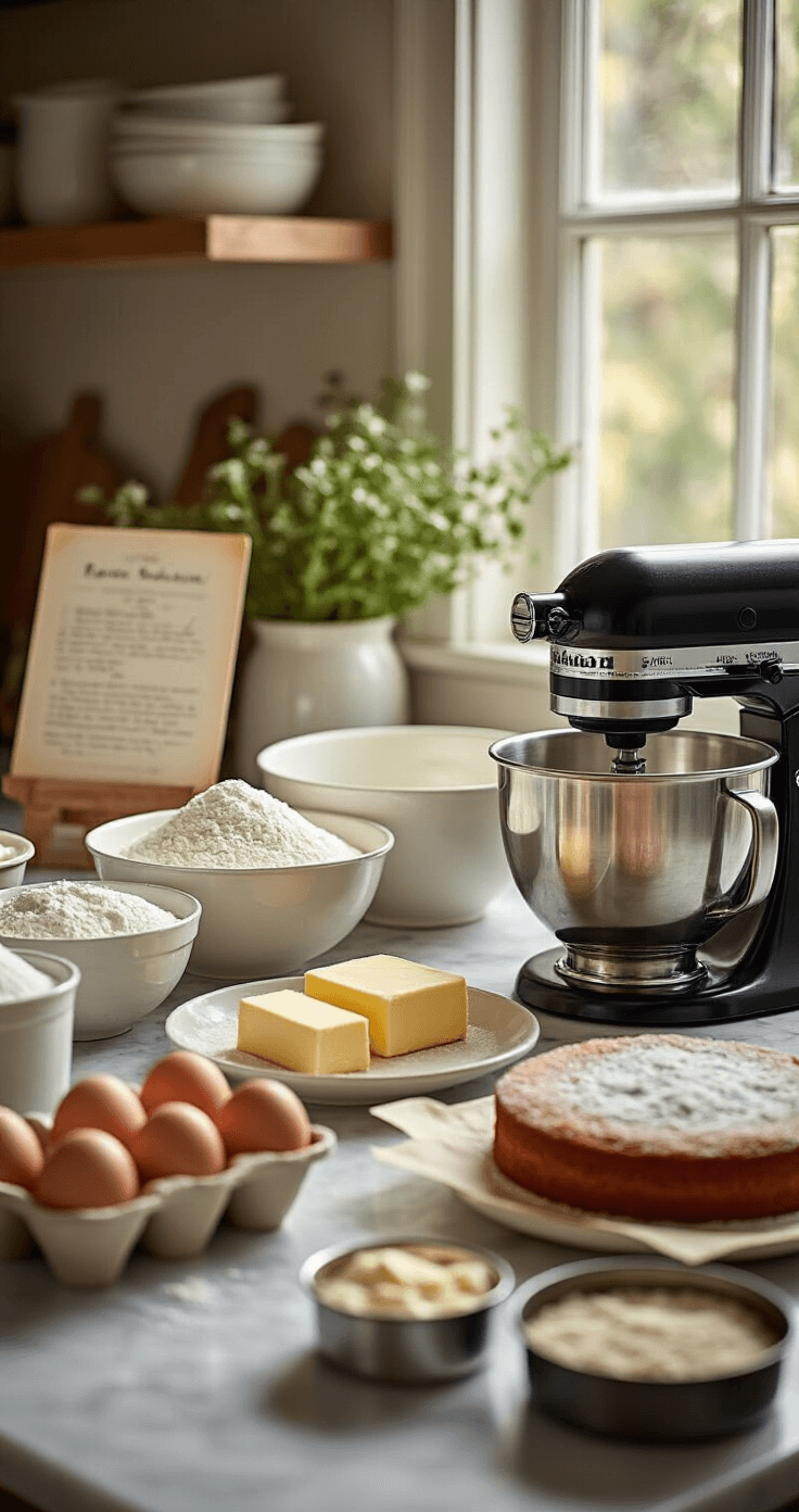 A beautifully arranged baking station with ingredients like flour, sugar, eggs, and butter on a marble countertop, illuminated by warm natural light. Includes pristine mixing bowls, measuring cups, and a stand mixer, with a vintage recipe card and parchment-lined cake pans in soft focus.