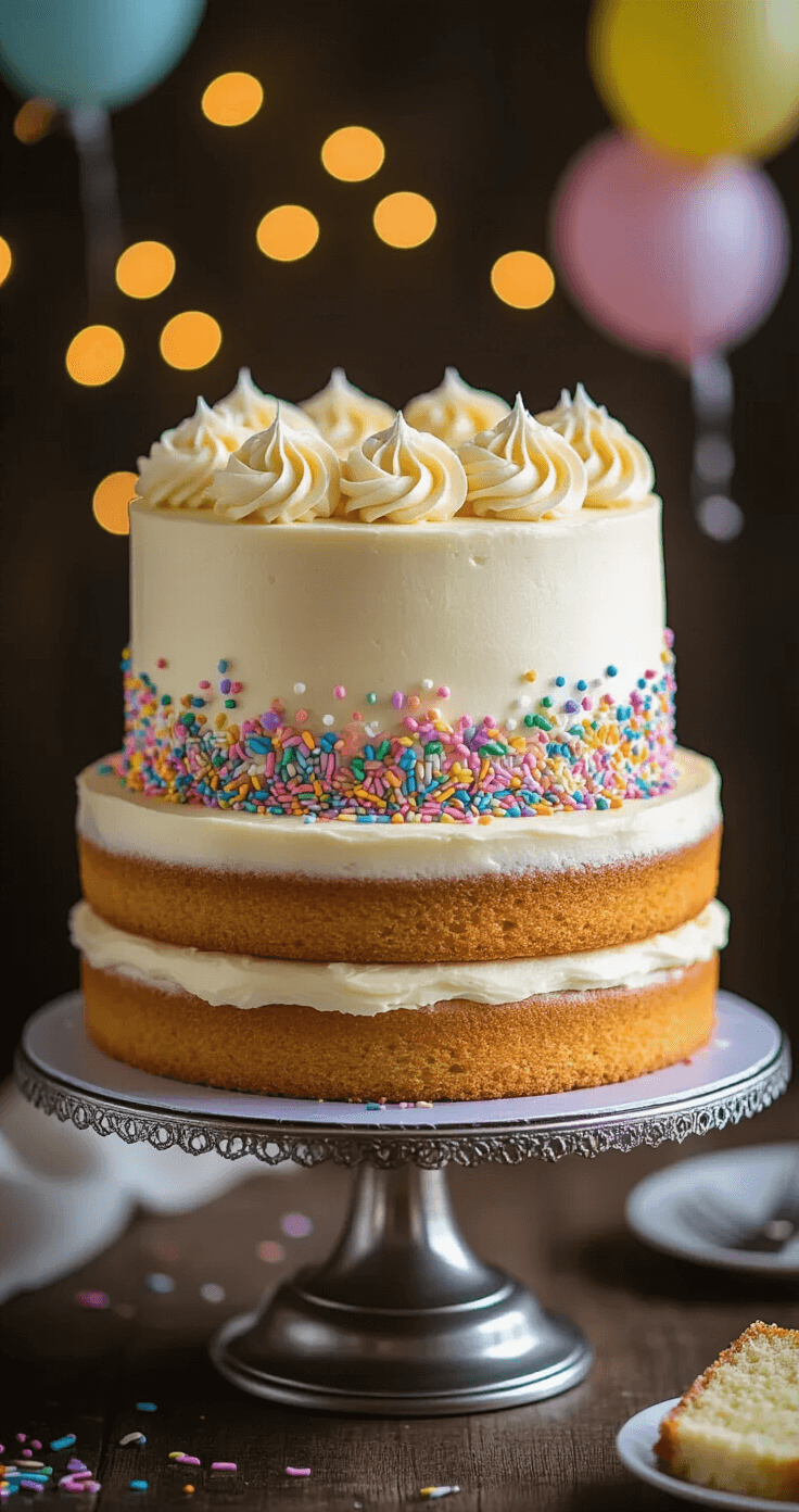 Three-layer decorated birthday cake on a silver stand, with smooth pastel buttercream, rainbow sprinkles, and piped rosettes, against a warm bokeh background with balloons.